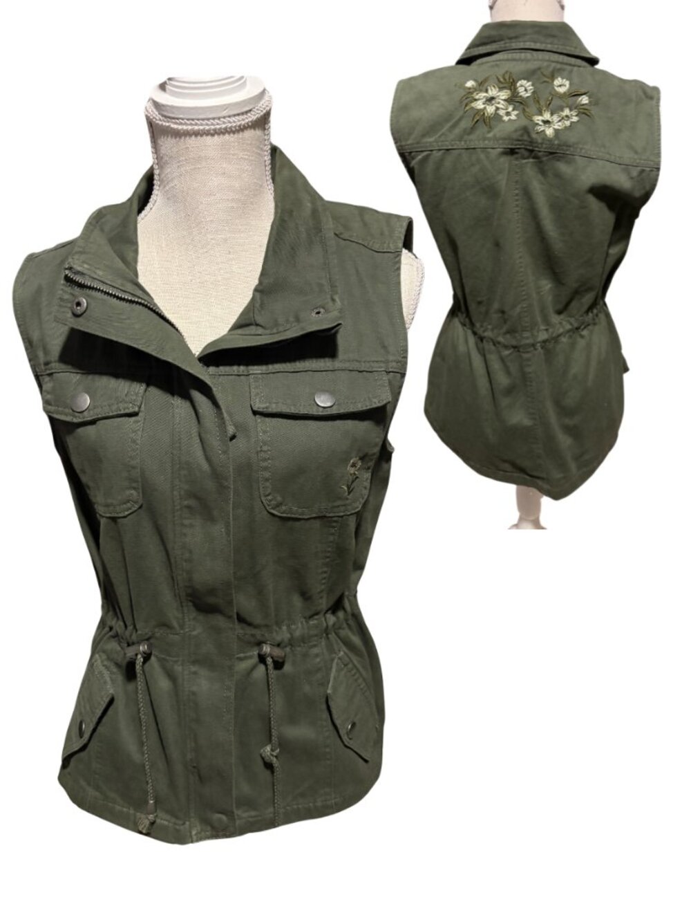 Ashley Olive Utility Vest Floral Embroidered Cargo Safari Military Boho L